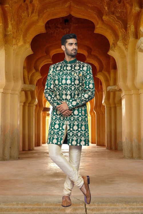 Men's Green Printed Sherwani