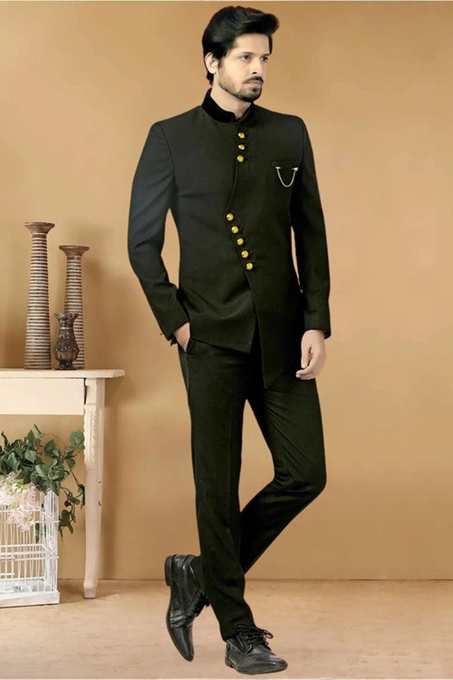 Black Rayon Terry Rayon Jodhpuri Suit