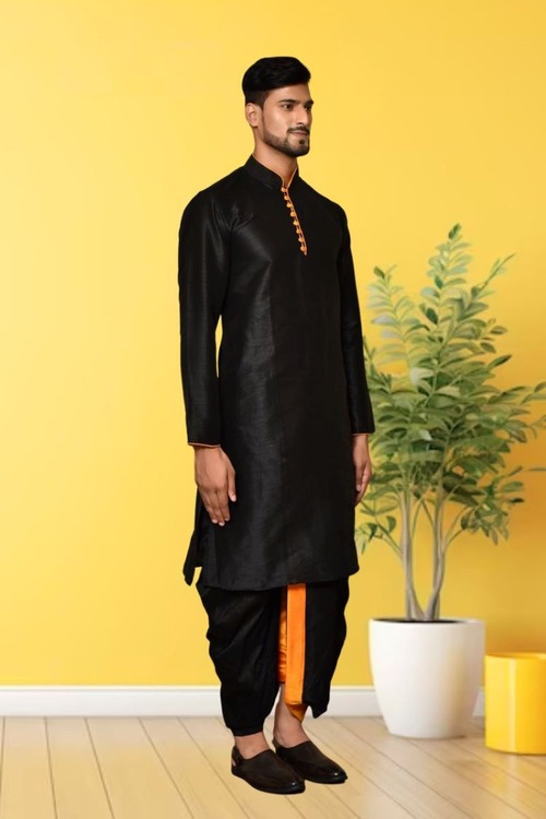 Black Dupion Silk Plain Full Sleeve Kurta And Dhoti Set For Men