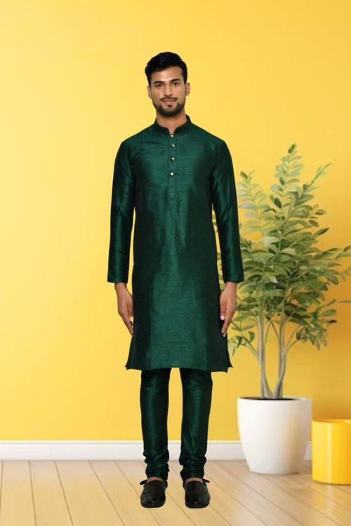 Green Dupion Silk Plain Full Sleeve Kurta And Churidar Set For Men