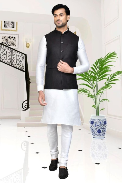 Blue Color Cotton Kurta Pajama With Nehru Jacket 993MW65