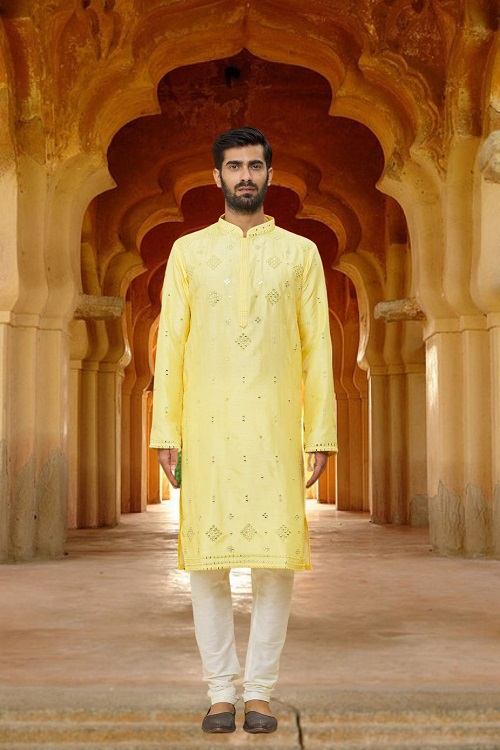 Men's Yellow Embroidered Kurta Pajama