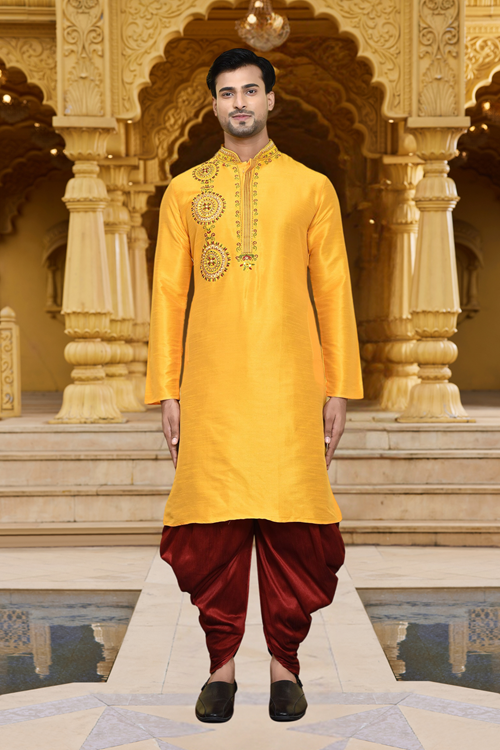 Men's Wear Yellow Art Silk Dhoti Kurta