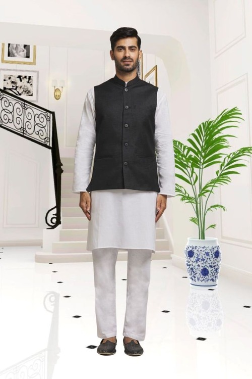 Off White Dupion Silk Plain Full Sleeve Kurta And Dhoti Set With Black Jacket For Men