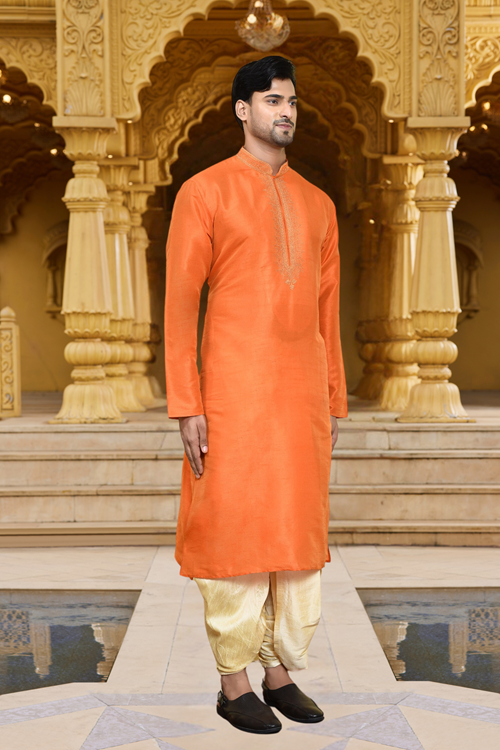 Men's Wear Orange Art Silk Dhoti Kurta