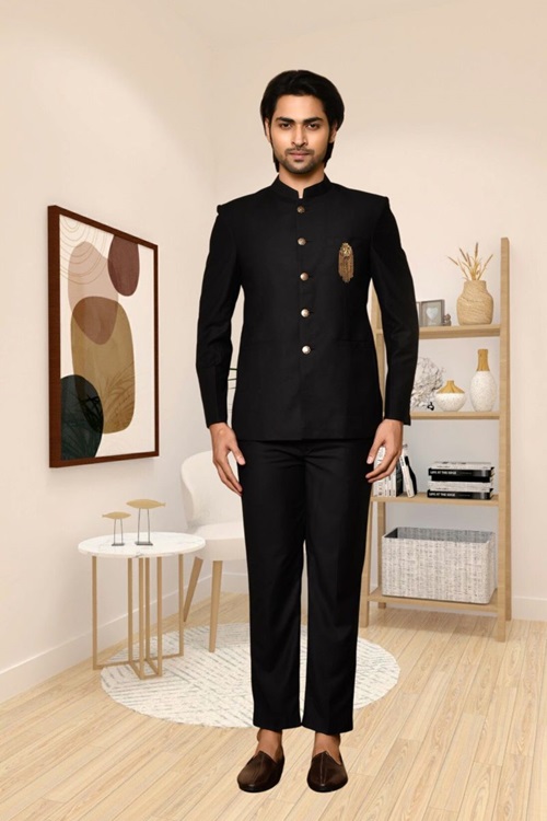 Black Cotton Bandhgala Suit Paired with Black Trouser Pant