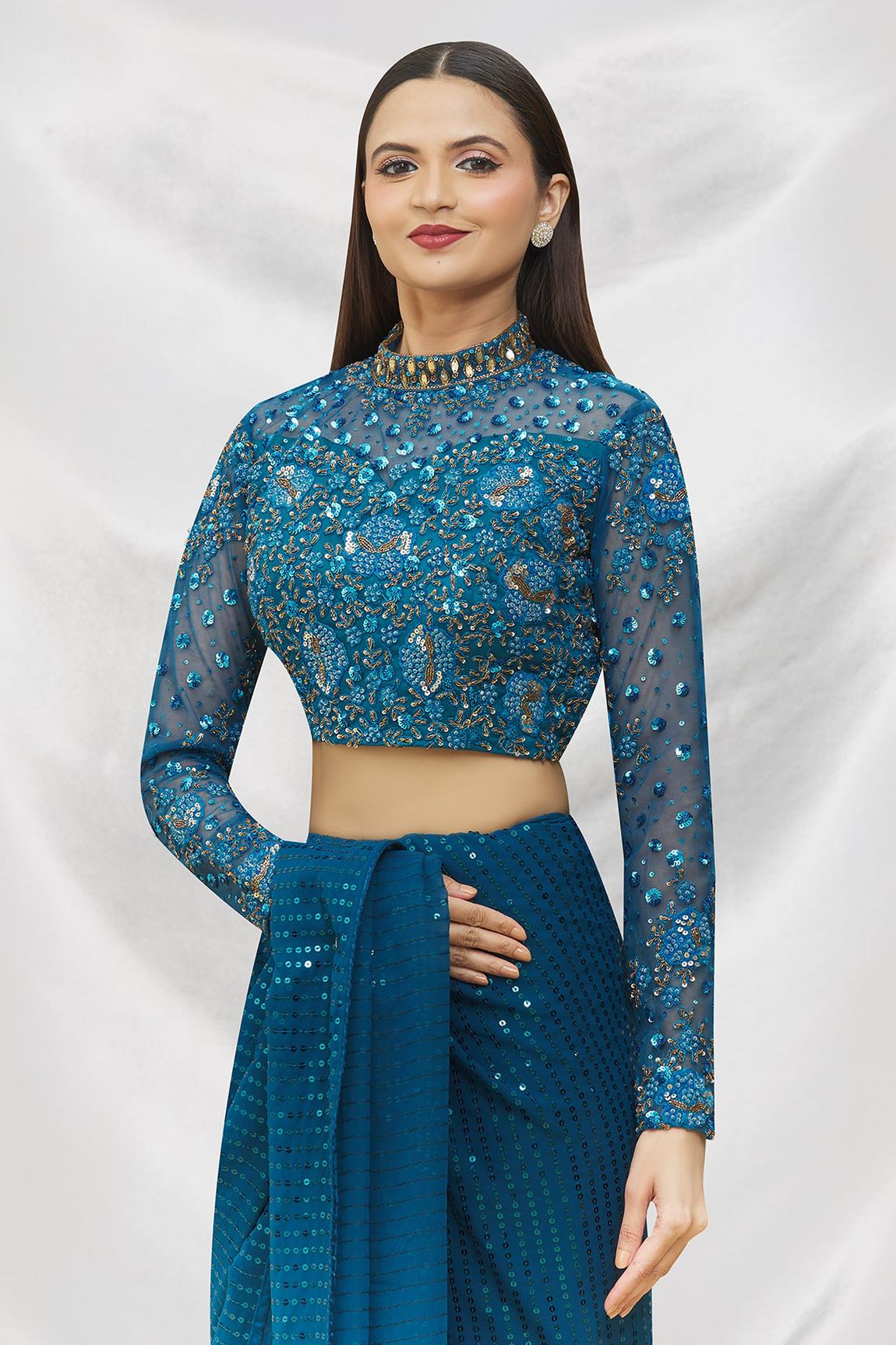 Blue Art Silk Blouse With Embroidery For Women's