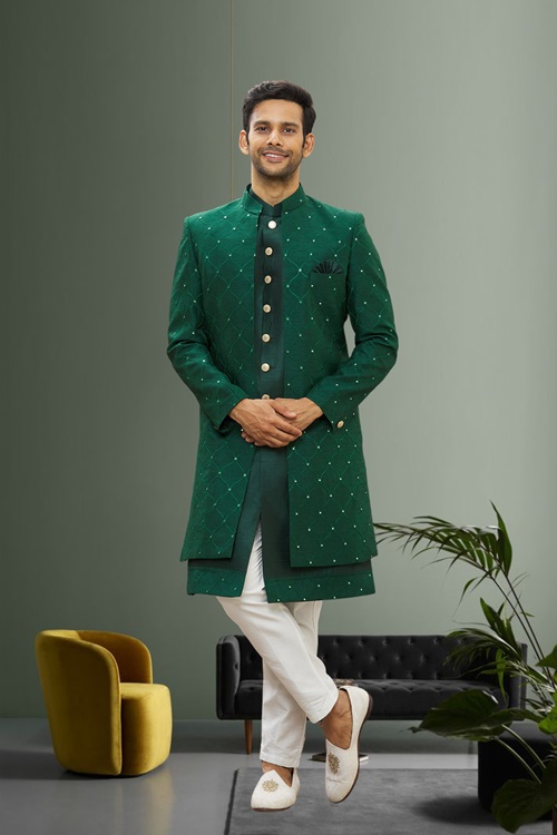 MEN'S GREEN EMBROIDERED SHERWANI WITH JACKET