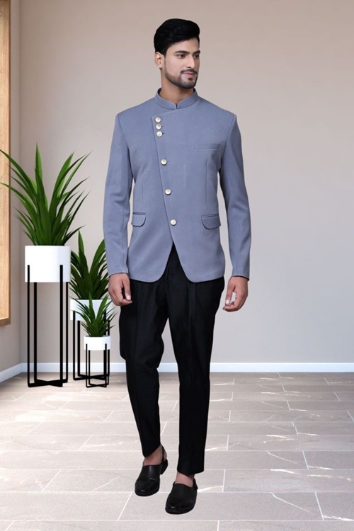 Grey Art Silk Bandhgala Suit