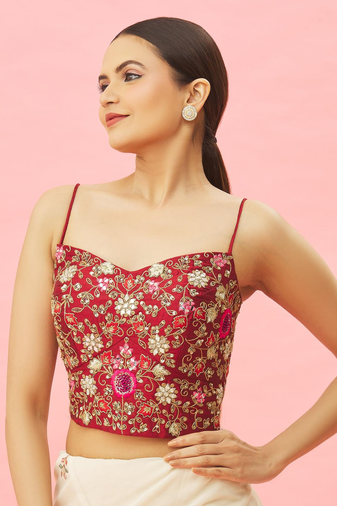 Embroidered Maroon Blouse in Art Silk