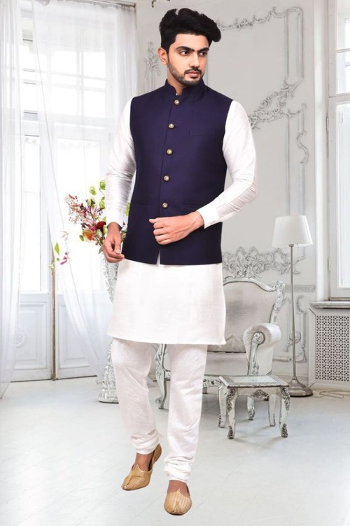 Off White Dupion Silk Plain Full Sleeve Kurta And Dhoti Set With Navy Blue Jacket For Men