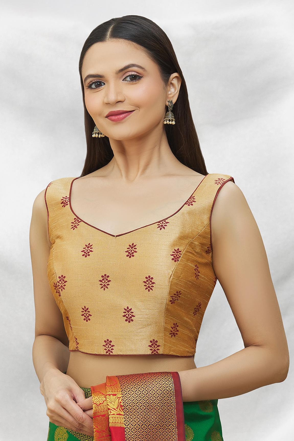 Gold Art Silk Blouse With Printed For Women's