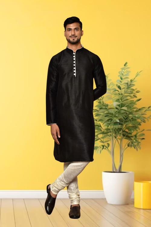 Black Dupion Silk Plain Full Sleeve Kurta And Churidar Set For Men