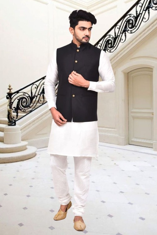 Off White Dupion Silk Plain Full Sleeve Kurta And Dhoti Set With Brown Jacket For Men
