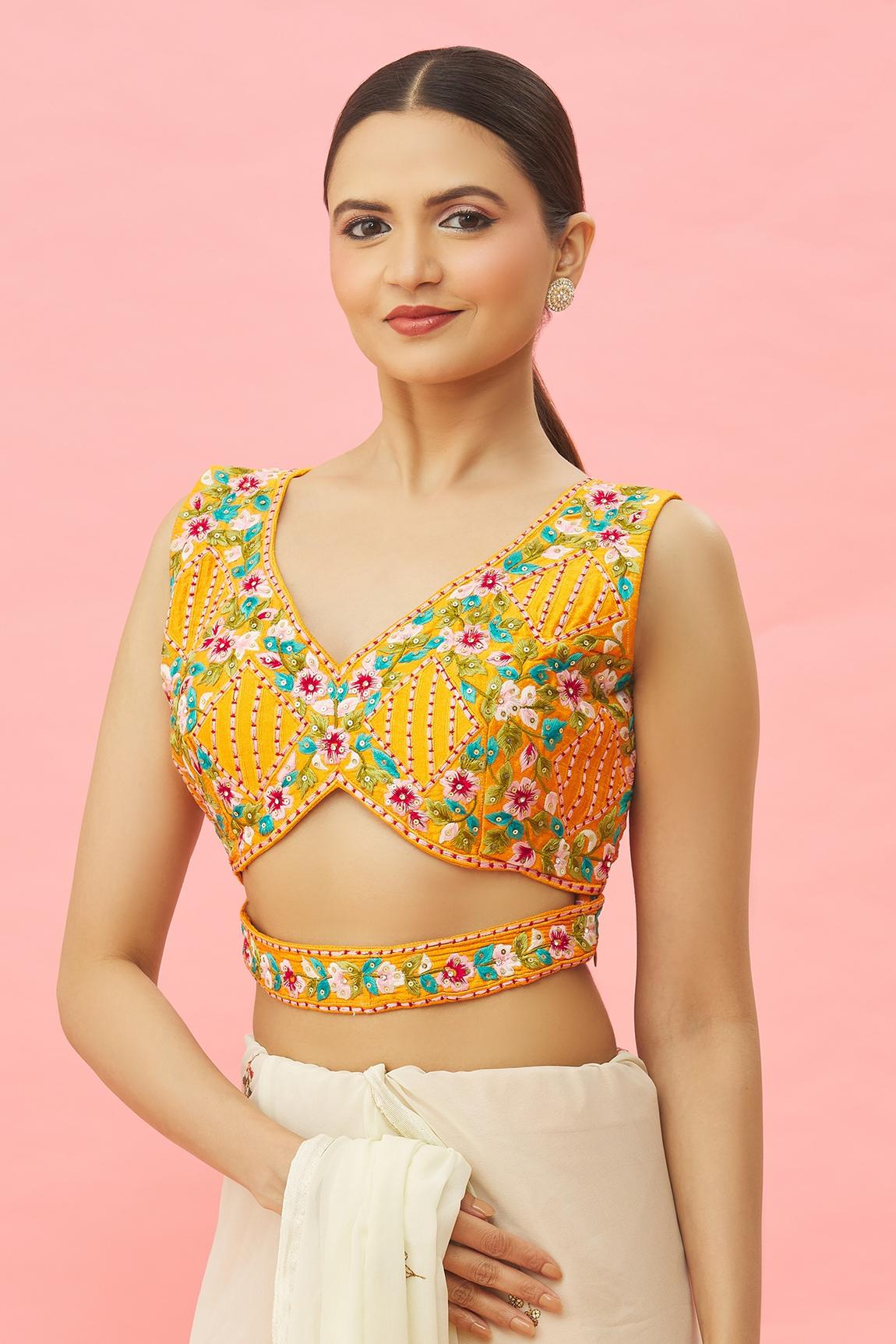 Yellow Art Silk Blouse With Embroidery For Women's