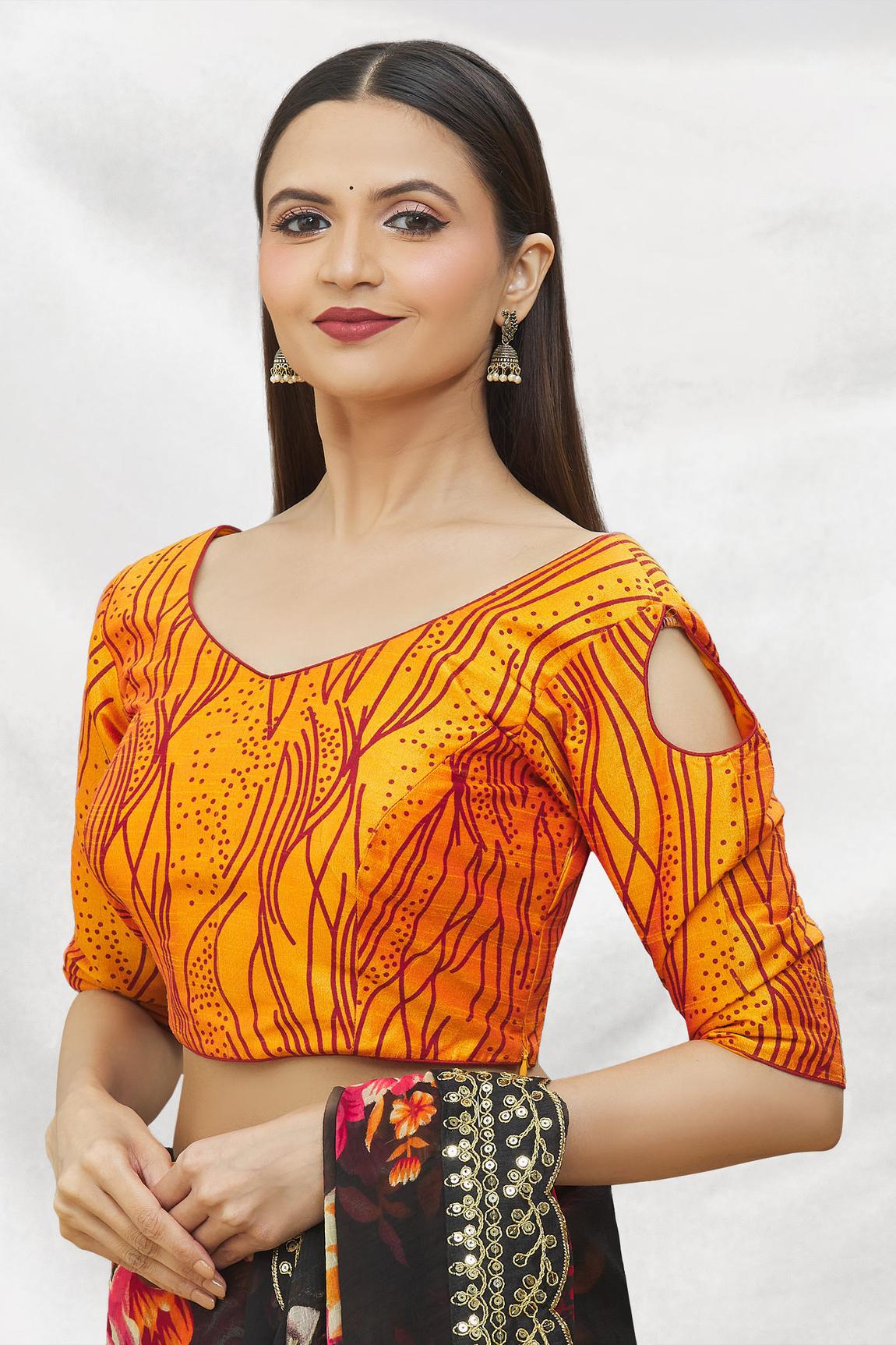Orange Art Silk Blouse With Printed For Women's