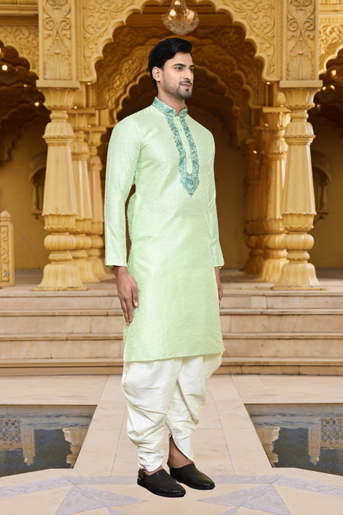 Men's Wear Pista Green Art Silk Dhoti Kurta