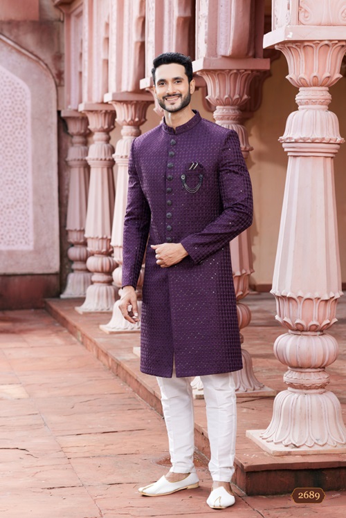 Men's Purple Woven Sherwani