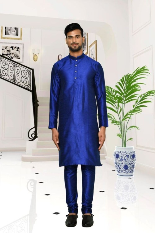 Blue Dupion Silk Plain Full Sleeve Kurta And Churidar Set For Men
