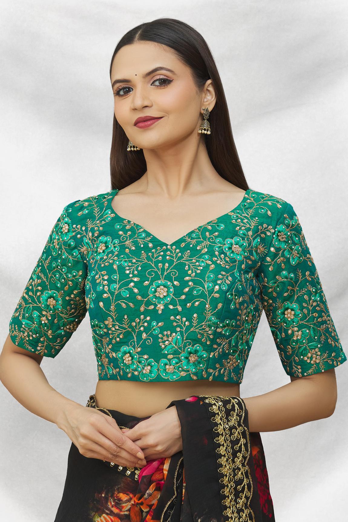 Green Art Silk Blouse With Embroidery For Women's