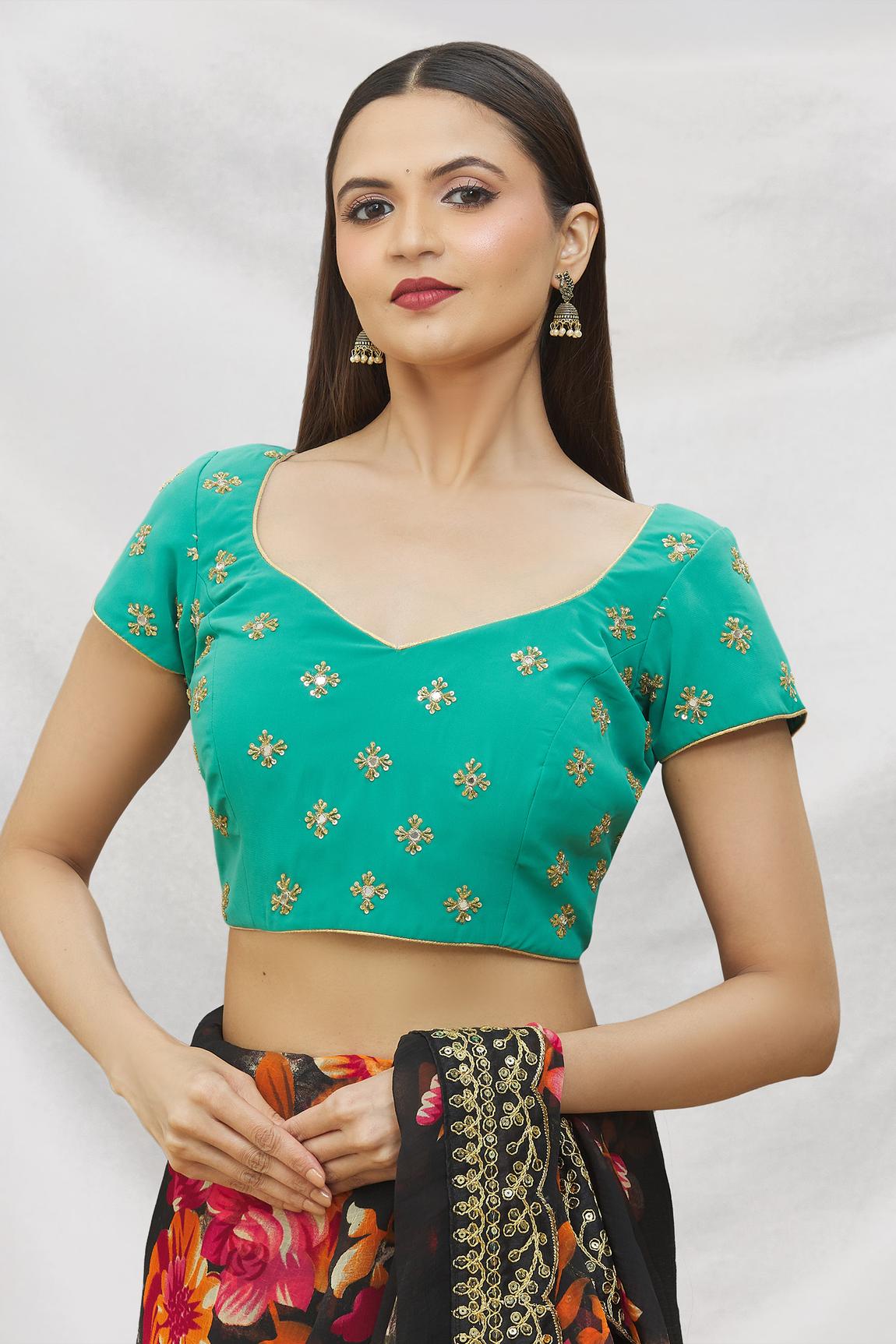 Green Metallic Blouse With Embroidery For Women's